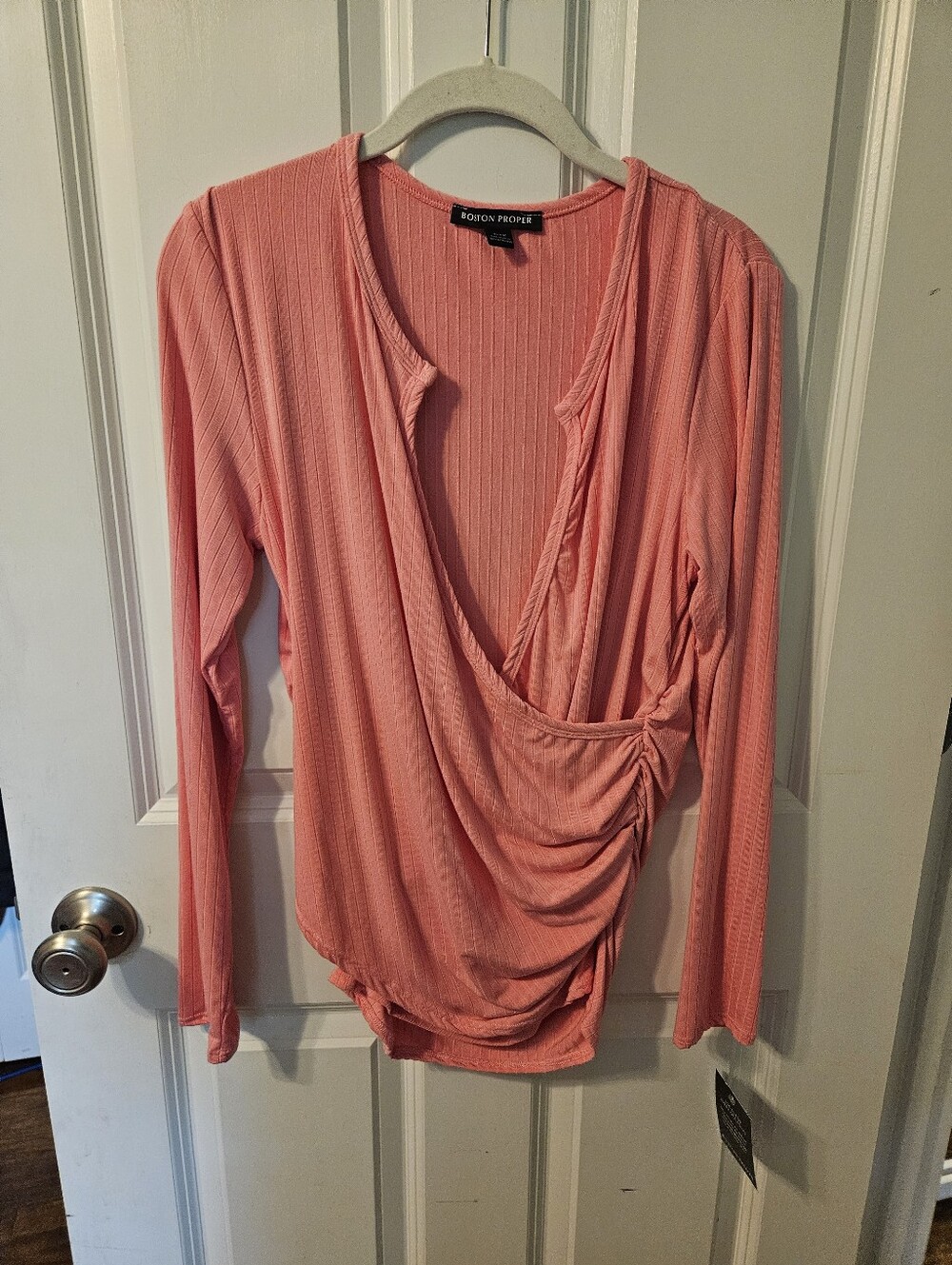Boston Proper Pink Coral Wrap-Front Long Sleeve Top